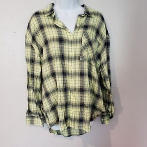 Abound NWT Women's Medium Neon Yellow Navy Plaid Long Sleeve Button Up Shirt Top
